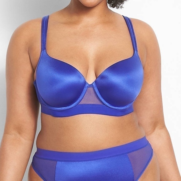 CACIQUE micro sateen fishnet boost balconette bra in blueberry 46F NWT. - Picture 3 of 4